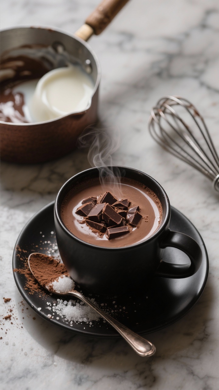An overhead shot of Silky Classic Hot Chocolate in a matte black mug on a marble surface, steam visible, ultra-glossy surface from melted bittersweet chocolate (60–70%) with a dusting of Dutch-process cocoa powder and a light sprinkle of granulated sugar crystals on the saucer; include a small saucepan in frame with remnants of 3 cups whole milk and 1 cup heavy cream whisked into 6 ounces finely chopped chocolate, a teaspoon and cocoa-smeared whisk nearby, moody lighting, rich brown tones, professional food styling