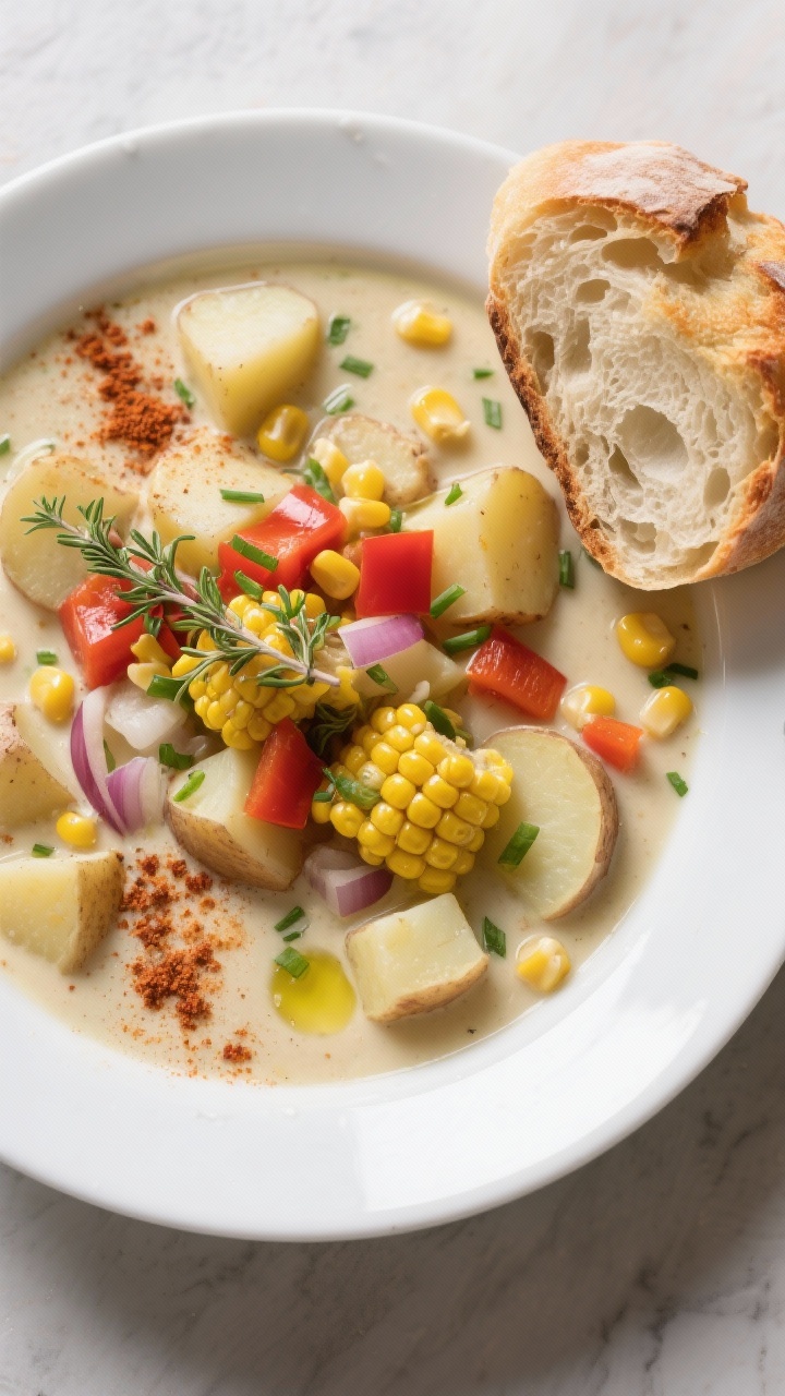 An overhead shot of smoky corn and potato chowder: Yukon gold potato cubes and sweet corn kernels in a creamy-looking (dairy-free) broth; smoked paprika dusting and dried thyme visible; diced red bell pepper and onion add pops of color; finished with a drizzle of olive oil and chopped chives, served with a side of crusty bread.