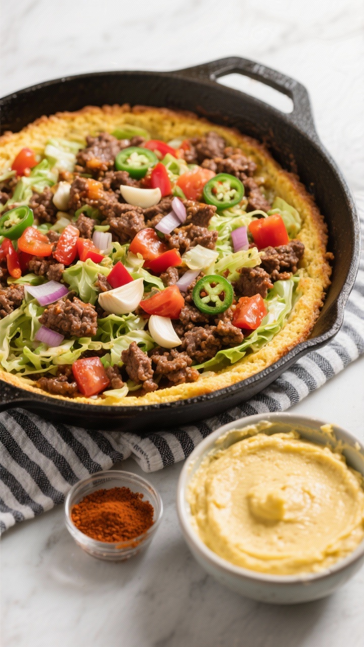 An overhead skillet scene of Tex-Mex Cabbage Beef Skillet Casserole before baking on the cornbread crust: browned ground beef mixed with shredded green cabbage, diced onion, red bell pepper, garlic, and diced tomatoes with green chiles, all vividly colorful and glossy. On the side, a bowl of cornbread batter ready to spread on top. Styled with a striped kitchen towel and a small ramekin of chili powder to hint at Tex-Mex spice, vibrant and lively.