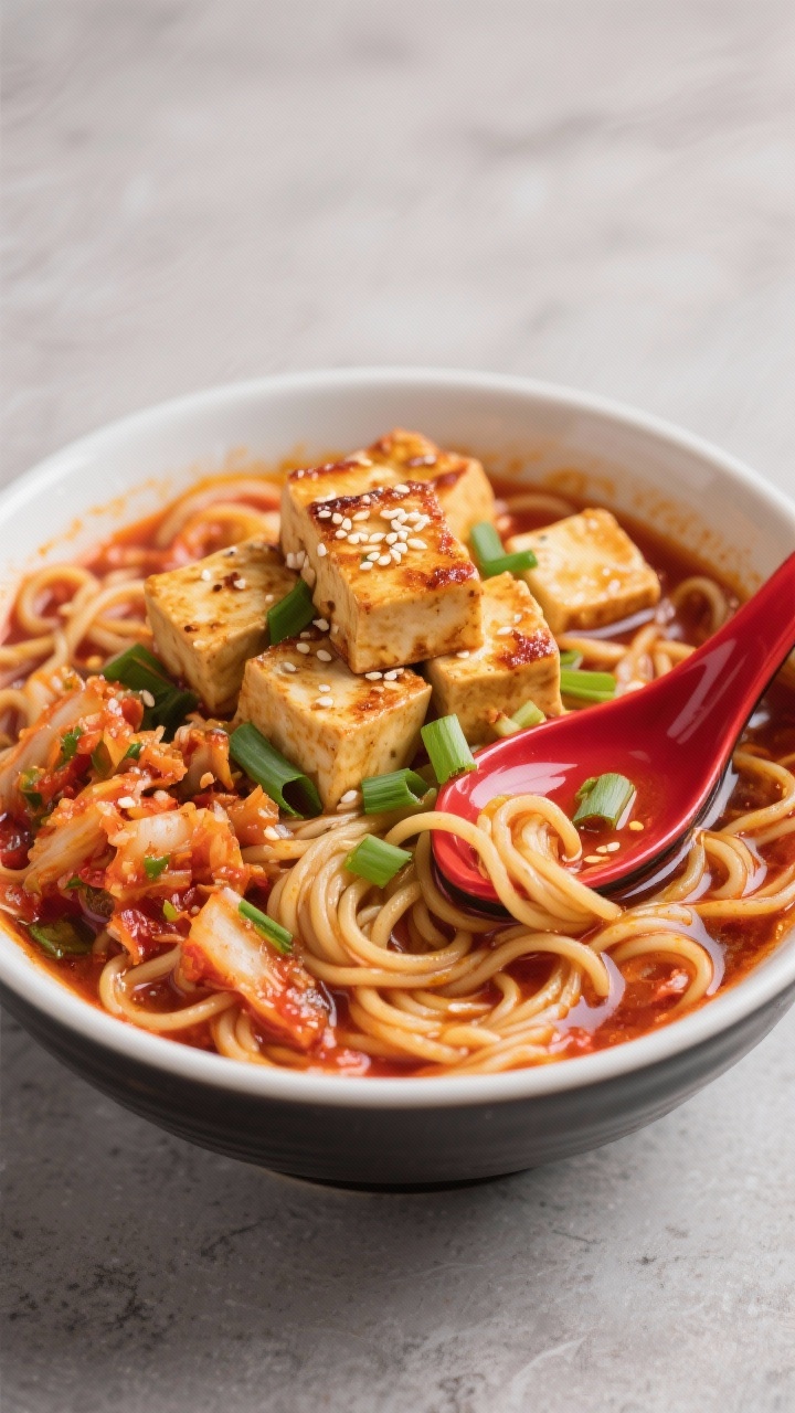 Bold straight-on shot of Quick Kimchi Tofu Ramen: tangled ramen noodles in a spicy gochujang broth with chopped kimchi; golden seared firm tofu cubes stacked on top; sesame oil sheen; garnished with scallions and toasted sesame; red lacquered spoon.