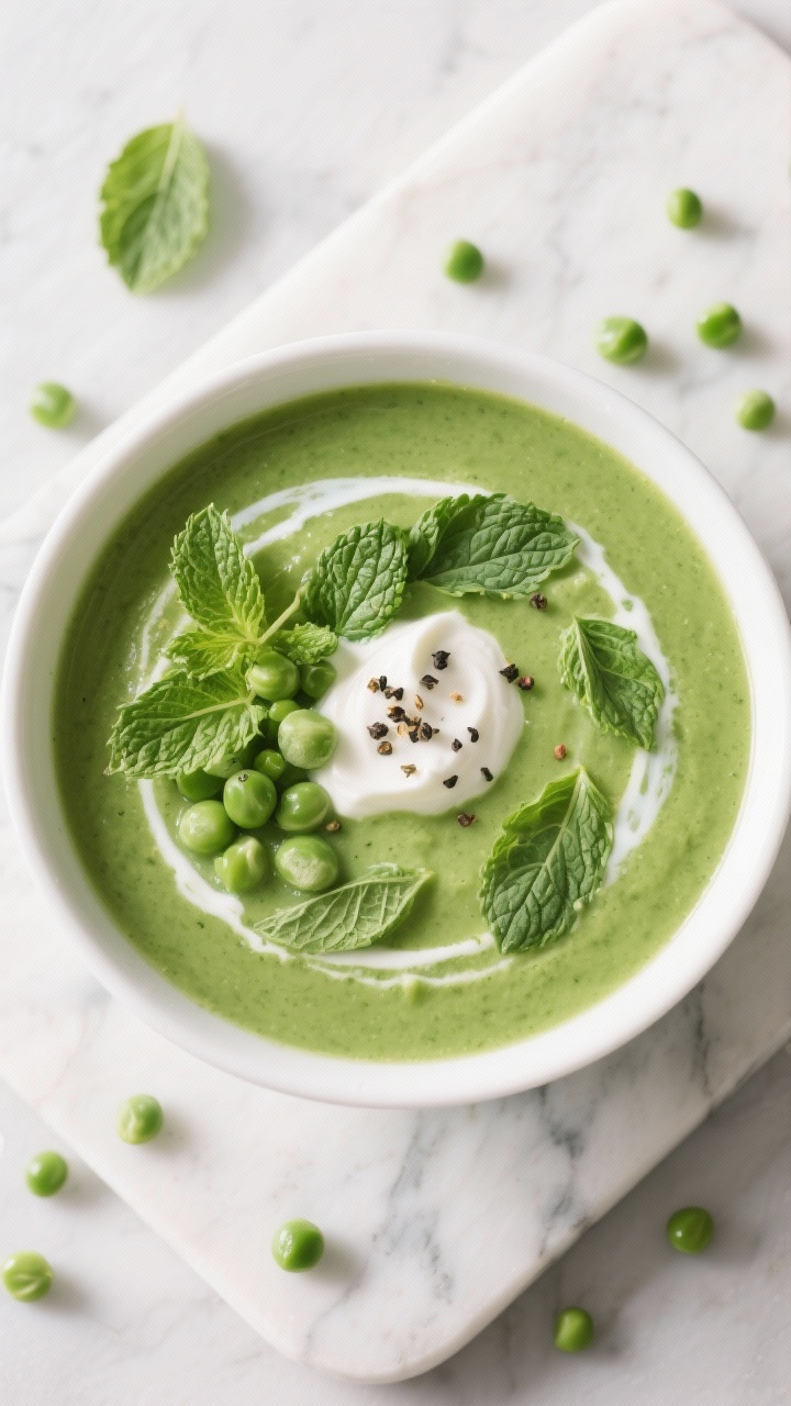 Bright overhead of Fast Green Pea & Mint Soup: fresh green puree with frozen peas and plant milk; mint leaves arranged artfully; a dollop of plant yogurt in the center with cracked pepper; extra peas scattered on a white marble board.