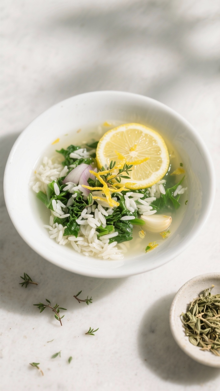 Bright overhead of Herby Lemon Rice Soup With Greens: clear broth with tender jasmine rice, chopped greens, onion and garlic, oregano and thyme speckling; lemon wheels and zest threads on top; served in a wide white bowl with a small dish of dried herbs nearby.