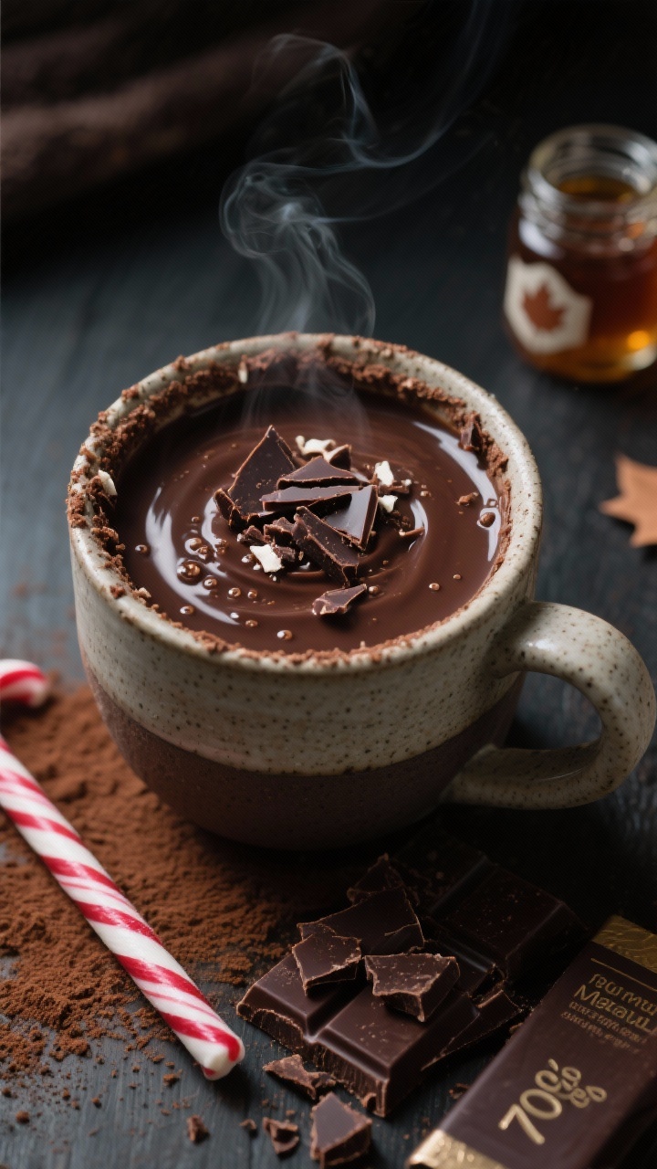 Close-up, 45-degree angle of a Silky Peppermint Hot Chocolate poured into a stoneware mug, glossy dark chocolate surface with tiny bubbles, topped with finely shaved dark chocolate and a crushed candy cane rim; cocoa powder dusted on the table, a bar of 70% chopped chocolate and a small jar of organic sugar/maple syrup nearby, a subtle hint of peppermint stick in frame; rich contrast, moody lighting, steam visible.