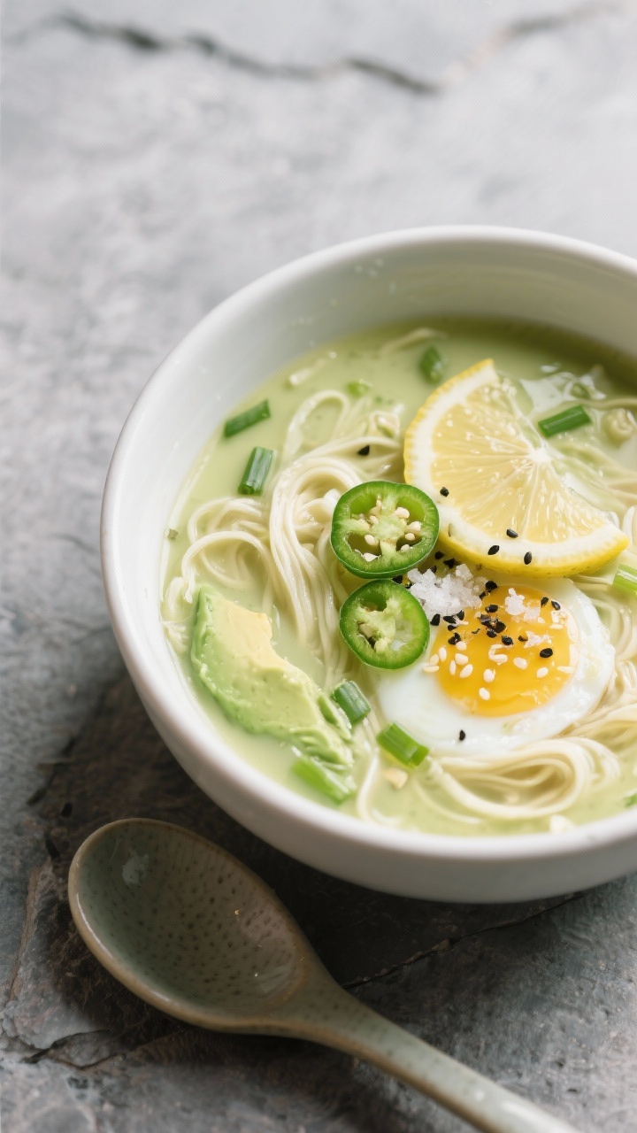Close-up 45-degree angle of creamy avocado egg drop soup in a matte white bowl: silky pale green broth with delicate egg ribbons, a swirl of sesame oil, sliced scallions, a squeeze of lemon, and cracked black pepper; garnished with thin jalapeño slices and a sprinkle of sea salt, shot on a cool gray stone background with a ceramic spoon, comforting, soothing vibe.
