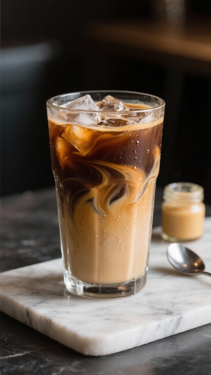 Close-up, 45-degree angle Vietnamese iced coffee in a tall clear glass packed with clinking ice, layered swirls of strong chilled espresso mixing into unsweetened almond milk and glossy keto sugar-free condensed milk, a hint of vanilla; visible gradient from deep coffee brown to creamy tan, tiny condensation droplets on the glass, set on a minimalist marble slab with a small jar of sugar-free condensed milk and a teaspoon beside it, moody café lighting, ultra-sharp focus on the silky swirl.