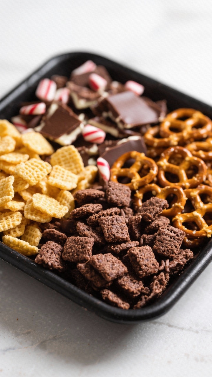 Close-up 45-degree dessert-forward shot of the Triple-Chocolate Peppermint Bark Mix in a shallow black tray: 4 cups corn Chex, 2 cups chocolate Chex (or cocoa-dusted rice Chex), 2 cups mini pretzels,