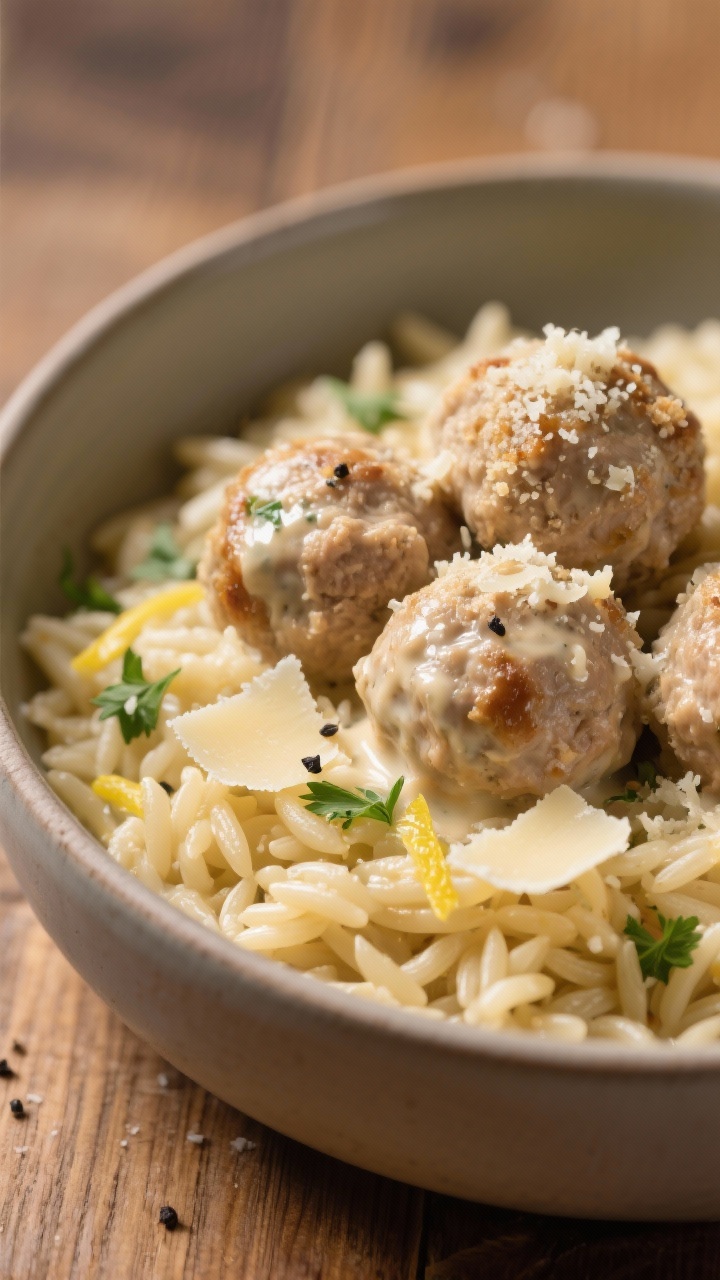 Close-up 45-degree shot of Creamy Garlic Parmesan Chicken Meatballs Over Herbed Orzo: juicy ground-chicken meatballs flecked with panko, finely grated Parmesan, minced garlic, onion powder, salt, and pepper, lacquered in a silky garlic-Parmesan cream; perched atop a bed of glossy herbed orzo (parsley and lemon zest visible), with extra shaved Parmesan and a crack of black pepper; shallow depth of field to emphasize tender texture and sauce richness, warm highlights and a matte ceramic bowl on a wooden surface