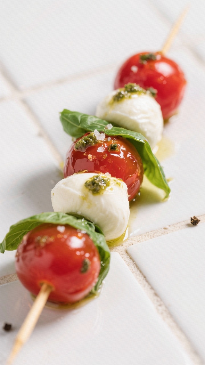Close-up 45-degree shot of keto Caprese skewers laid on a white ceramic tile: mini mozzarella balls (ciliegine), cherry tomatoes, and fresh basil leaves threaded neatly on short skewers, glossy with extra-virgin olive oil and a light basil pesto drizzle; a pinch of sea salt and cracked pepper visible; vibrant reds and greens pop against a minimal background.