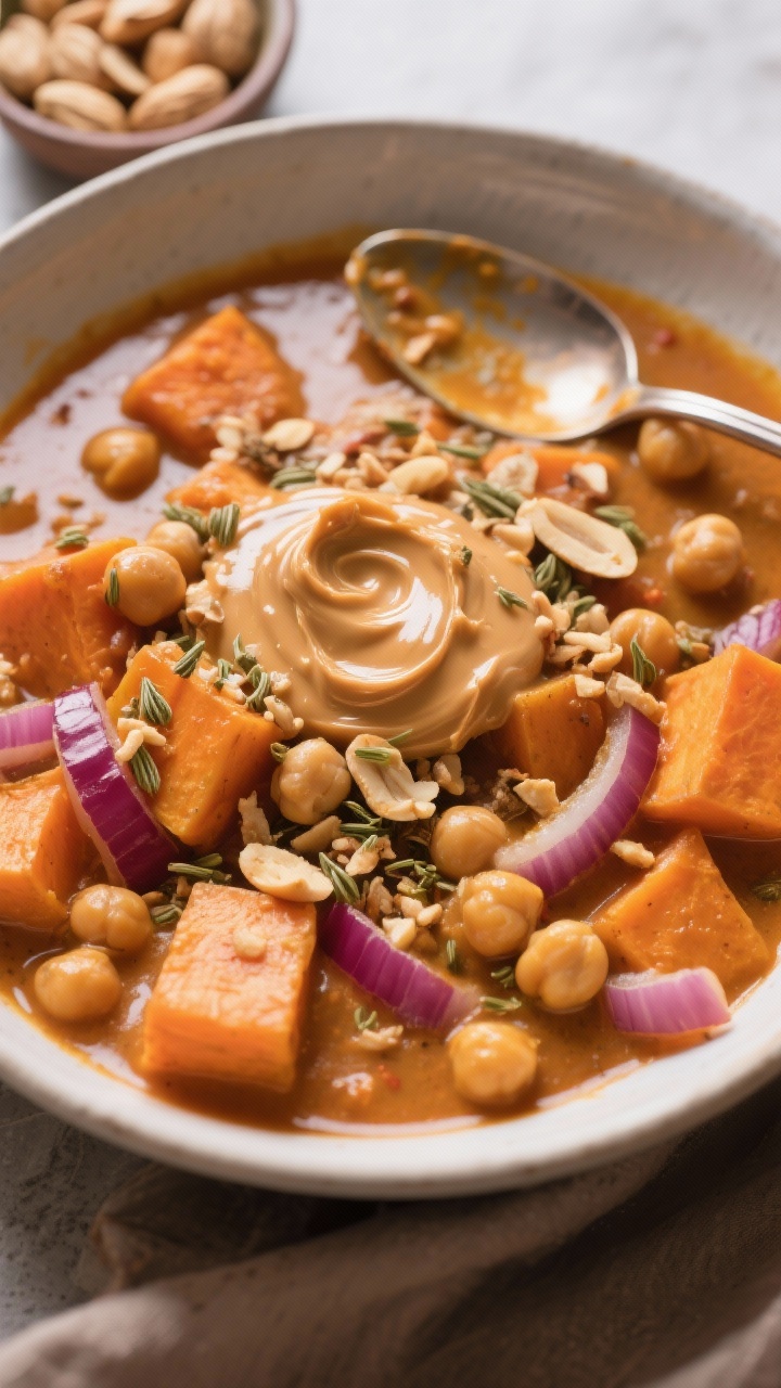 Close-up action shot of spiced chickpea and peanut stew with sweet potato: velvety, orange-hued sauce enveloping tender sweet potato cubes, chickpeas, and red onion, with visible grated ginger strands; ground cumin, ground coriander, and warming spices bloom in a glossy coconut/olive oil base; crushed roasted peanuts sprinkled over, a swirl of peanut butter melting in; small bowl of extra peanuts and a spoon with spice stains at the edge; rich, cozy lighting highlighting creamy thickness.