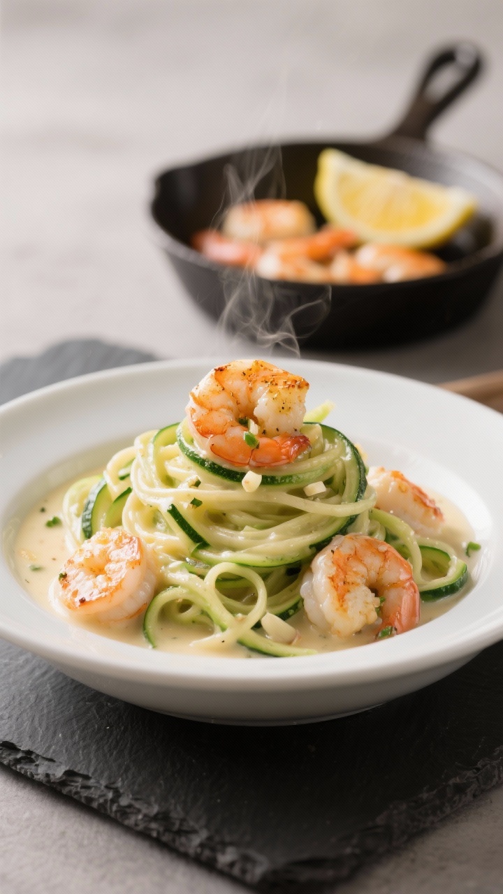 Close-up action shot of zoodle Alfredo with garlic butter shrimp: glossy zucchini noodles twirled into a nest, coated in silky heavy-cream Alfredo sauce, topped with plump shrimp seared in butter and olive oil with minced garlic. Tiny flecks of garlic visible, light steam rising, sauce clinging to the zoodles. Shot in a shallow white bowl on a dark slate, 45-degree angle, with a small skillet of extra shrimp and a wedge of lemon blurred in the background.