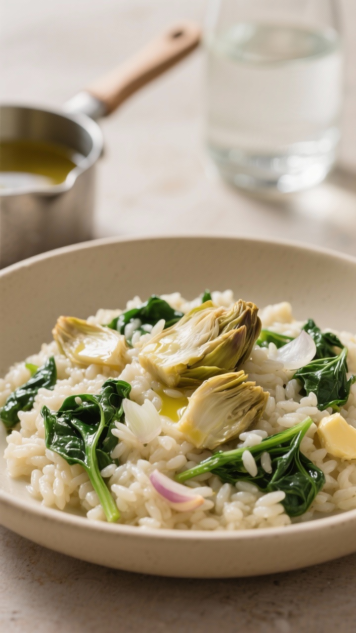 Close-up beauty shot of spinach and artichoke risotto in a shallow beige bowl: ultra-creamy rice studded with wilted spinach ribbons and tender artichoke pieces, enriched with olive oil, butter, and a hint of white wine; visible minced onion and garlic; silky texture emphasized with directional light; a small pot of vegetable broth and water in soft focus, evoking the comfort of a favorite dip transformed into risotto.