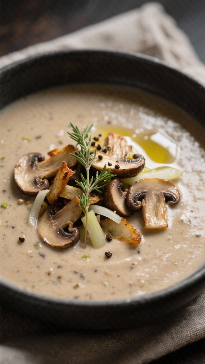 Close-up bowl shot for Creamy Wild Mushroom & Thyme Soup: ultra-creamy, beige-taupe mushroom soup with visible flecks of sautéed mixed mushrooms (cremini, shiitake, oyster), thinly sliced shallot and leek notes, and tiny leaves of fresh thyme; a glossy finish from olive oil/vegan butter, delicate drizzle of olive oil on top, cracked pepper and a few crispy mushroom slices as garnish; shallow depth of field, moody natural light, served in a matte charcoal bowl on a linen napkin to highlight deep umami.