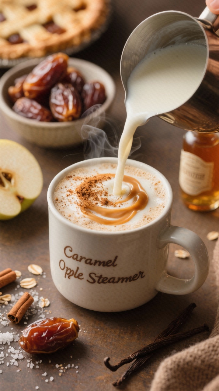 Close-up, cozy vignette of a Caramel Apple Oat Steamer being poured: creamy oat milk and apple cider blend streaming into a mug, topped with a swirl of date caramel and a light sprinkle of ground cinnamon and nutmeg; ingredients in soft focus: a bowl of soft Medjool dates, pinch of sea salt, vanilla extract bottle; warm pie-like color palette, soft steam, ultra-creamy texture emphasized.
