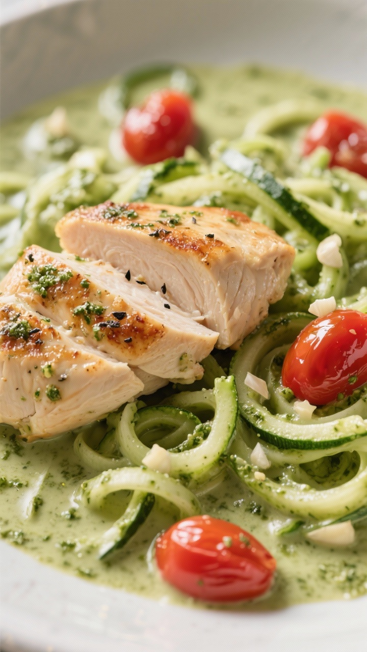 Close-up creamy pesto chicken zoodles: thin-sliced chicken breast seared in olive oil with kosher salt and black pepper, swirled in a silky heavy-cream pesto sauce, tangled zucchini “zoodles” and burst cherry tomato halves, minced garlic flecks visible; lush green pesto sheen and juicy red tomato pops, shallow depth of field highlighting saucy textures.