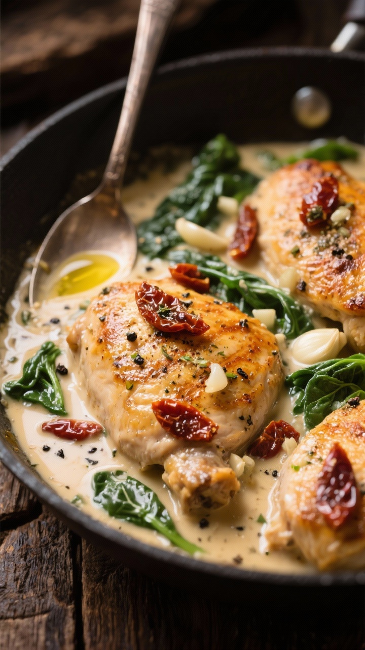 Close-up creamy Tuscan chicken in a skillet: golden seared boneless chicken thighs seasoned with Italian seasoning and garlic powder, nestled in a rich cream sauce dotted with minced garlic, sun-dried tomatoes, and wilted spinach; flecks of black pepper, glossy olive oil highlights, spoon dragging a trail through the sauce to show thickness; warm, moody lighting with rustic wooden backdrop.