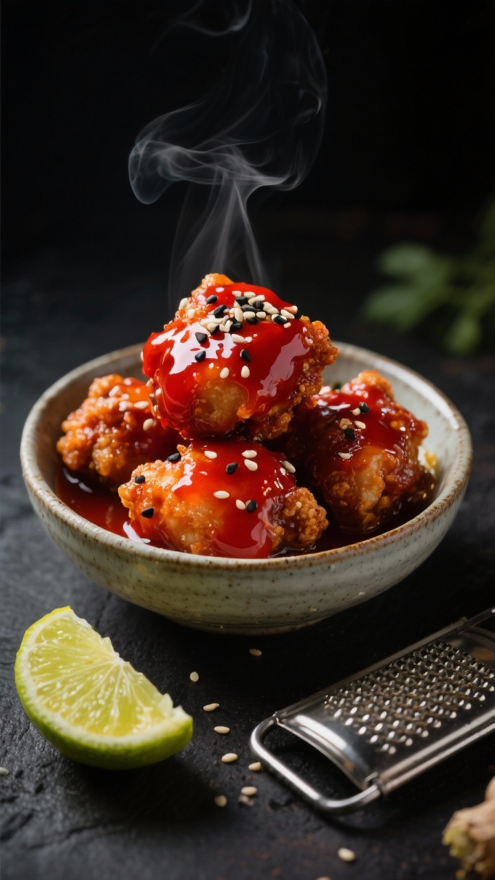 Close-up dramatic glaze: Korean-inspired gochujang crunch chicken bites with a lacquered red coating, sesame-lime dip in a ceramic bowl dotted with black and white sesame seeds. Steam subtly rising, sticky-sweet sheen from gochujang, soy, rice vinegar, honey, and toasted sesame oil. Lime wedge squeezed nearby, micrograter with a bit of fresh ginger fiber. Dark moody backdrop, directional light to pop the chili-red color, shallow depth of field on the glossy crust.