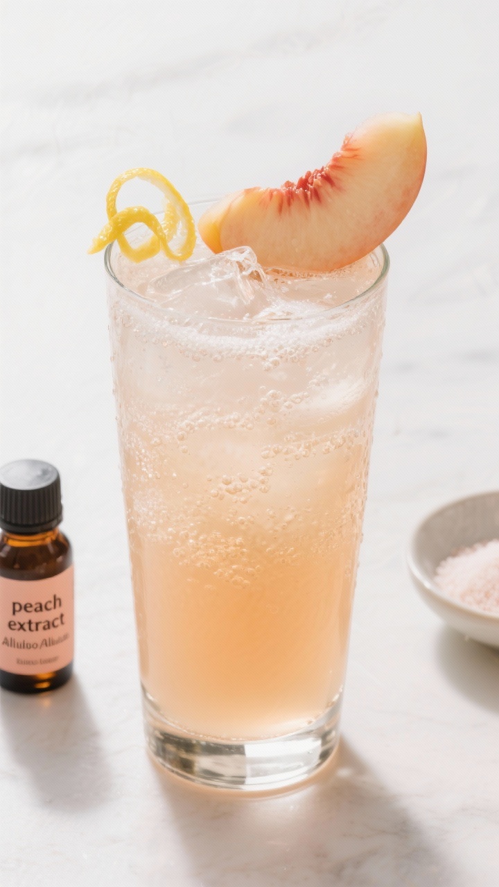 Close-up, effervescent Peachy Earl Grey Fizz: a slender Collins glass with pale amber Earl Grey (4 bags brewed in 3 cups hot water, cooled with 1 cup cold water) lightly sweetened with allulose/erythritol, kissed with natural peach extract, topped with sparkling water for lively bubbles; a curl of lemon zest and a thin peach slice garnish (sugar-free), ice crystals and condensation emphasized; bright, clean background with a small bottle labeled “peach extract” and a dish of sweetener in frame.