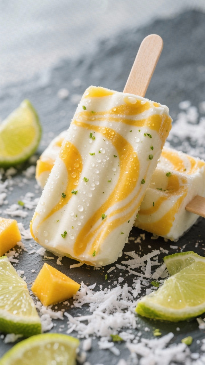 Close-up frozen treat shot of no-churn coconut lime pops with mango swirl: popsicles unmolded and stacked with visible marbled ribbons of bright mango puree through creamy coconut base (full-fat coconut milk, coconut cream, maple syrup), flecks of lime zest dotted throughout; condensation beads on the surface, scattered lime wedges and mango cubes, and shredded coconut snow on a frosty slate; vibrant, tropical mood with high contrast and backlight.
