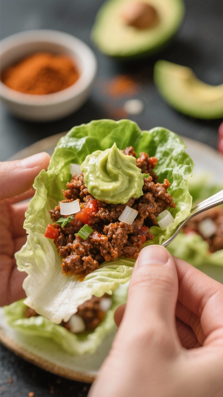 Close-up handheld-style build shot: chipotle-spiced ground beef (with tomato paste, chili powder, smoked paprika, ground cumin, dried oregano, onion, and garlic) spooned into crisp butter lettuce cups; topped with a swirl of avocado crema and a sprinkle of finely chopped onion; beef looks juicy with a slight sheen and tiny browned bits; small bowls of spices and avocado crema in the background, shallow depth of field, bold, smoky, taco-night vibe.