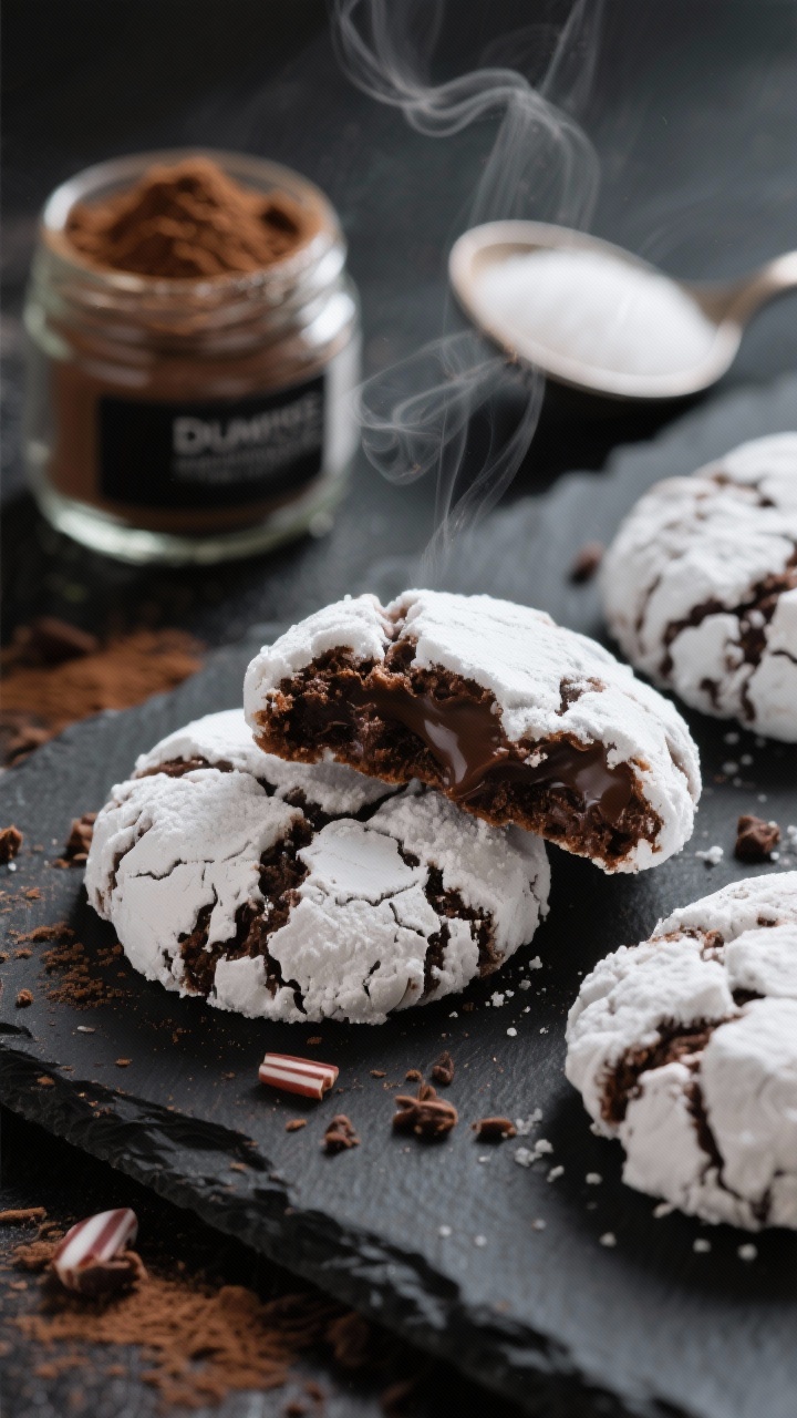 Close-up hero shot: Chewy peppermint mocha crinkles on a black slate, the surface showing sticky-fudgy interiors peeking through the snow-white powdered sugar fissures; tiny espresso granules and cocoa dust visible on the edges. Include a small jar of espresso powder (or instant coffee granules), Dutch-process cocoa, and a spoonful of granulated sugar in soft focus behind. Steam-like wisps suggested with backlighting for a warm coffeehouse mood; tight framing to capture the mocha sheen and chewy texture.