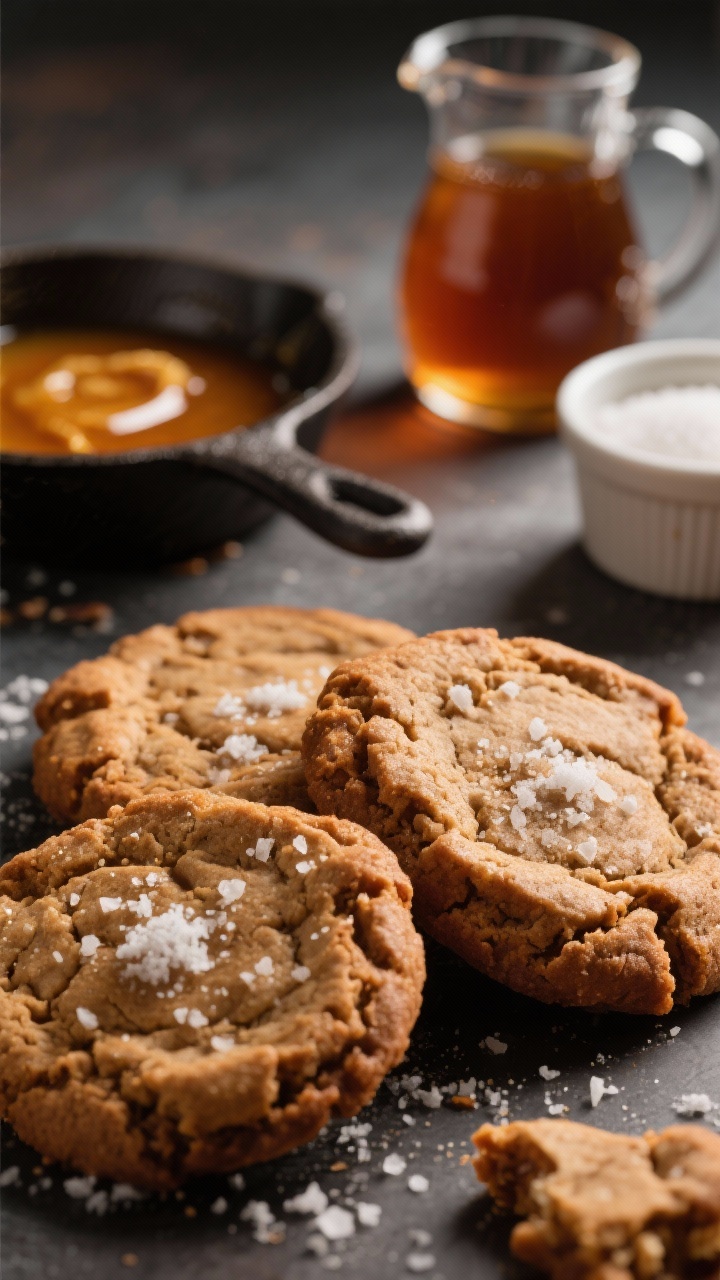 Close-up macro of brown butter maple sugar cookies: crackly, chewy cookies with bronzed, nutty edges, visible flecks of sea salt “snow” sprinkled on top, a small skillet of browned butter with toasted milk solids in frame, a pitcher of maple syrup, and a ramekin of granulated sugar; warm, moody lighting highlighting caramel tones, shallow depth of field to emphasize the glistening surface and soft interior.