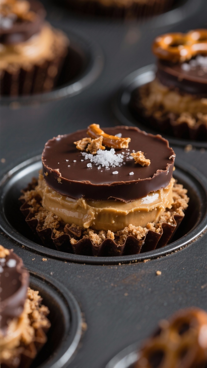Close-up macro of chocolate peanut butter pretzel cups in a mini muffin tin: tight focus on layers—crushed pretzel crumb base mixed with melted butter and brown sugar, a thick creamy peanut butter center sweetened with powdered sugar and vanilla, finished with glossy dark chocolate top; a few pretzel shards sprinkled for texture, shallow depth of field, rich moody lighting to accent salt crystals and snap of chocolate.