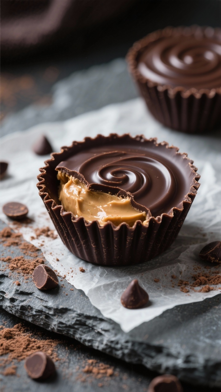 Close-up macro of dark chocolate peanut butter cups: glossy sugar-free dark chocolate shells with a smooth swirl from tempered chocolate and coconut oil, one cup cut open to reveal a creamy natural peanut butter filling lightly sweetened with powdered erythritol/allulose and scented with vanilla; a few chocolate chips and cacao dust on the surface; set on parchment over a cool stone slab, dramatic side lighting to emphasize sheen and texture.