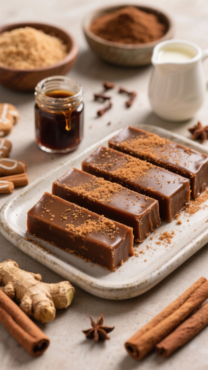 Close-up macro of gingerbread spice caramels sliced into neat rectangles, tops dusted lightly with warm spices. Show rich molasses-dark caramel with flecks of dark brown sugar melted in, layered warm tones. Surround props: a small jar of unsulfured molasses with a drip, bowls of granulated and dark brown sugar, light corn syrup, and a small pitcher of heavy cream; scattered whole spices evocative of gingerbread (ginger, cinnamon sticks, cloves) as styling cues. Shot straight-on at tray edge to capture the chewy pull and spiced aroma mood of December, soft warm light.
