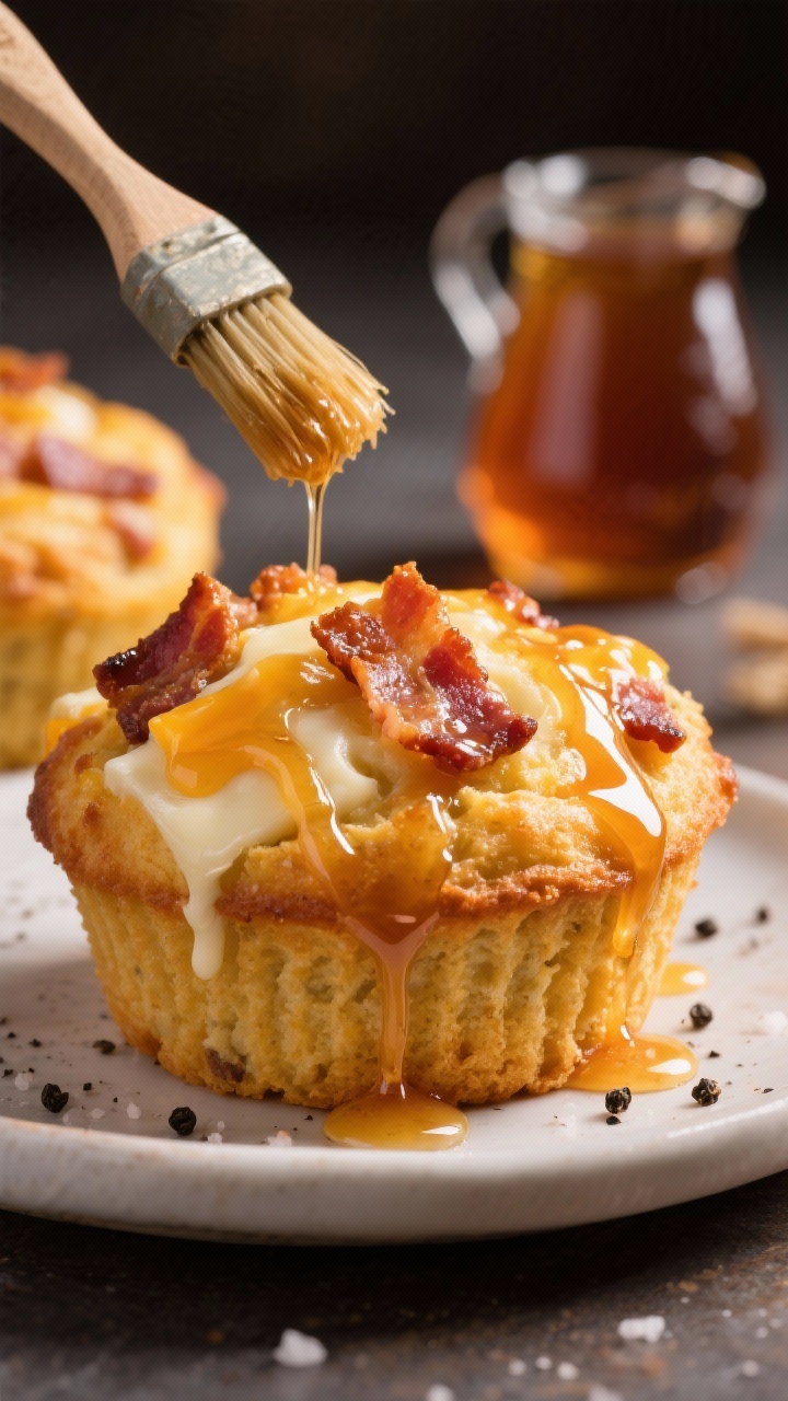 Close-up macro of maple-bacon cheddar muffins with sweet-heat drizzle: glossy threads of pure maple syrup drizzled over a golden muffin studded with crisp bacon pieces and melted white cheddar, tiny beads of syrup clinging to the edges; a dusting of black pepper and a pinch of kosher salt visible; a basting brush with syrup in the background and a small pitcher of maple syrup to the side. Warm, amber-toned lighting to emphasize sweetness and sheen; tight focus on sticky, salty-sweet textures, no people.