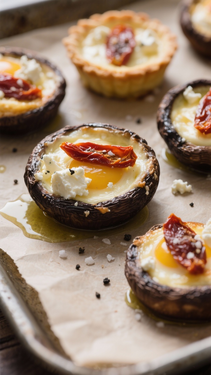 Close-up macro of Portobello Cap “Mini Quiches” with Goat Cheese and Sun-Dried Tomatoes: individual portobello mushroom caps brushed with olive oil, seasoned with kosher salt and black pepper, baked and filled with a custard of eggs and heavy cream; pockets of tangy crumbled goat cheese and jewel-like strips of sun-dried tomato peeking through; dark, glossy mushroom texture contrasts with creamy interior; arranged on a parchment-lined tray, light catching the cream’s sheen.
