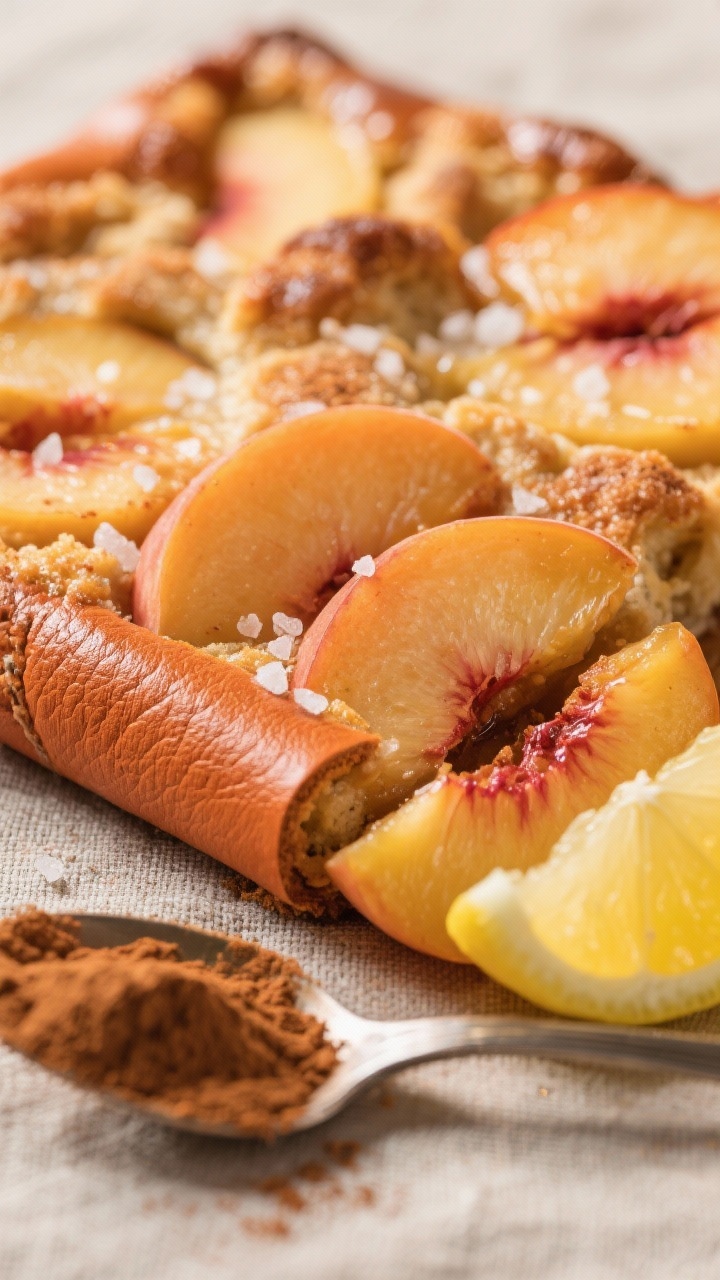 Close-up macro of Summer Market Peach Cobbler leather texture: soft orange-peach sheet with a warm cinnamon dusting, subtle vanilla gloss, and tiny salt crystals; sliced peaches and a teaspoon of ground cinnamon in frame, plus a lemon wedge for the added lemon juice; shallow depth of field to emphasize the leathery sheen and cobbler-inspired vibe, rustic linen backdrop.