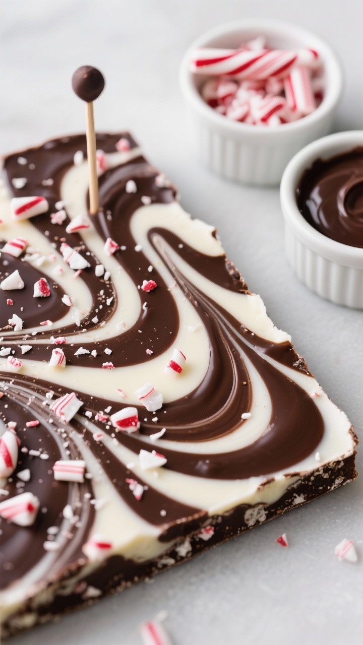 Close-up macro shot of Swirled Marble Peppermint Bark: dramatic marbling where molten dark chocolate and white chocolate intertwine in fluid ribbons, with fine speckles of crushed candy canes embedded on top; the surface shows glossy sheen and delicate swirl trails from a skewer, with a tiny bowl of crushed candy canes and two separate ramekins of dark and white chocolate off to the side; shot at a straight-on angle to emphasize layers and swirl definition, cool neutral backdrop, ultra-sharp detail on the swirl edges and peppermint crystals.