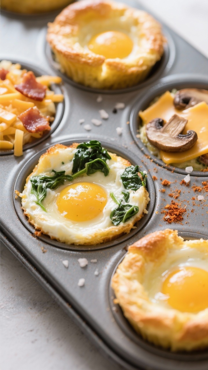 Close-up muffin tin shot: Easy egg bite muffins in a nonstick tray, three distinct varieties visible. Base of whisked eggs, heavy cream, and shredded cheese (cheddar, mozzarella, Gruyère), seasoned with sea salt, black pepper, garlic powder, and smoked paprika. One row with cheddar and bacon bits, one with spinach and mozzarella, one with Gruyère and mushrooms. Golden, puffy tops, a few muffins cut open to show custardy interiors. Bright morning light, breakfast mood.