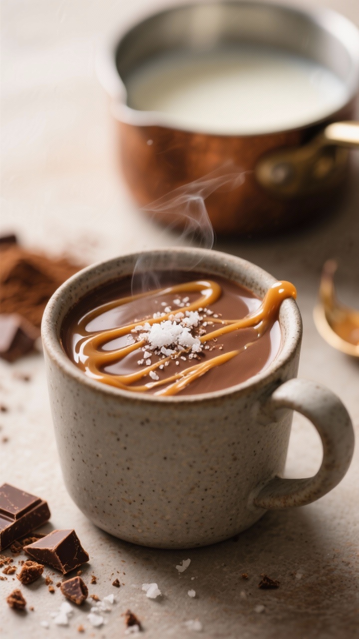 Close-up mug shot: Salted Caramel Hot Chocolate poured into a matte stoneware mug, thick and glossy, with visible ribbons of 1/3 cup caramel sauce drizzled over a milk-chocolate-colored surface; a sprinkle of dark brown sugar crystals and a few flakes of sea salt catching the light; soft bokeh background with the saucepan, 4 cups milk/half-and-half mix, 7 oz chopped milk chocolate, 2 tbsp cocoa powder, and 1 tsp vanilla extract staged subtly; warm amber tones, indulgent mood, gentle steam.