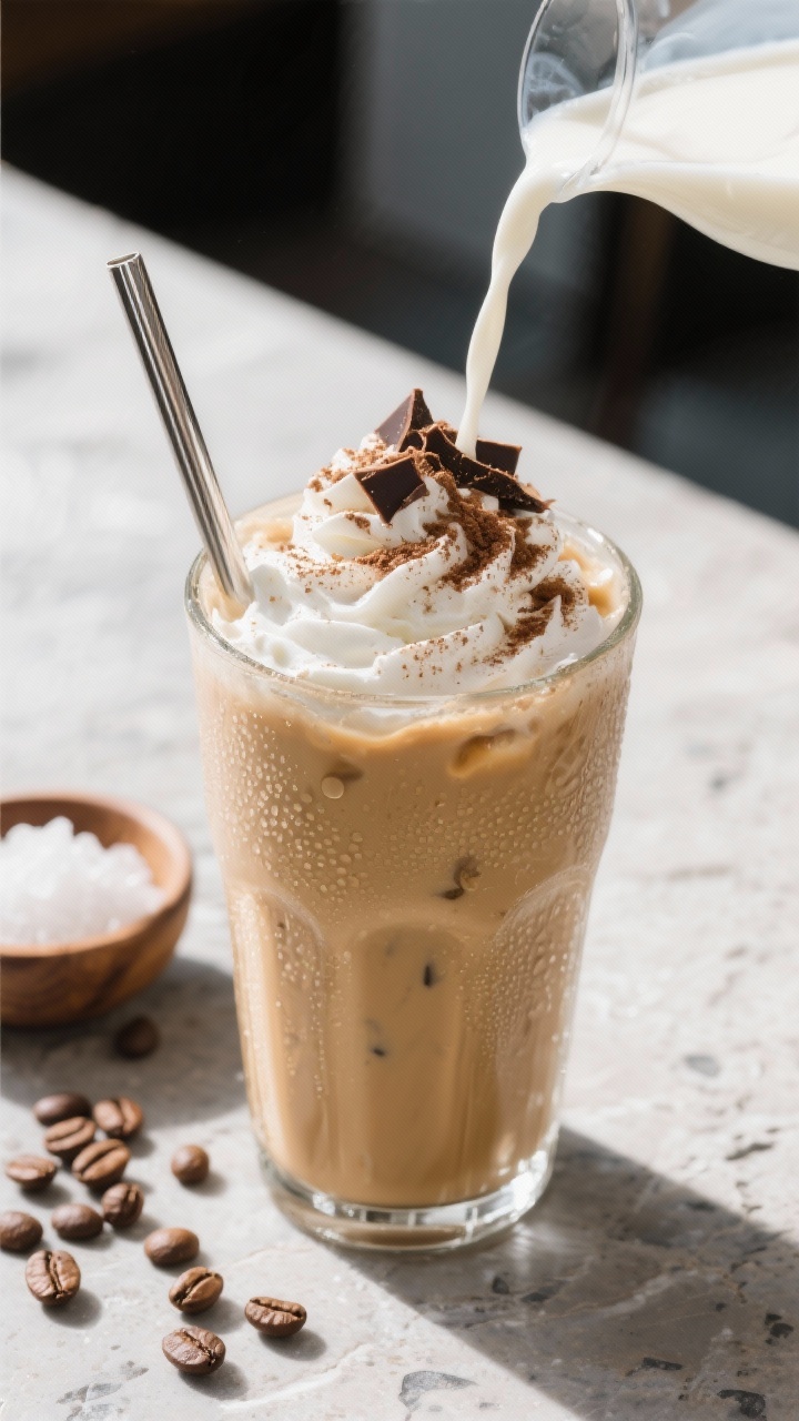Close-up of a tall glass of creamy iced coffee shake: frosty condensation, velvety tan color, topped with lightly whipped cream and a dusting of cocoa and shaved dark chocolate, with a visible splash of unsweetened almond milk being poured; stainless straw, scattered coffee beans, and a small bowl of keto-friendly sweetener crystals on a cool stone surface, bright cafe light.