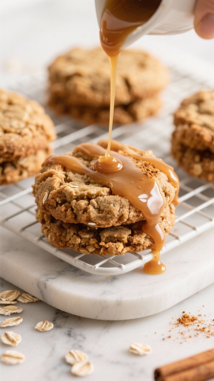 Close-up of Bakery-Style Pumpkin Spice Breakfast Cookies with a glossy maple glaze being drizzled over craggy, bakery-thick cookies. Visible oats and crumb structure from all-purpose and oat flour, with a light crackle from baking powder and soda lift. The maple glaze pools and ribbons, catching highlights; a few flecks of pumpkin spice on top. Styled on a white ceramic cooling rack over a marble surface, warm neutral backdrop, tight depth of field emphasizing glaze sheen and cookie crumb.