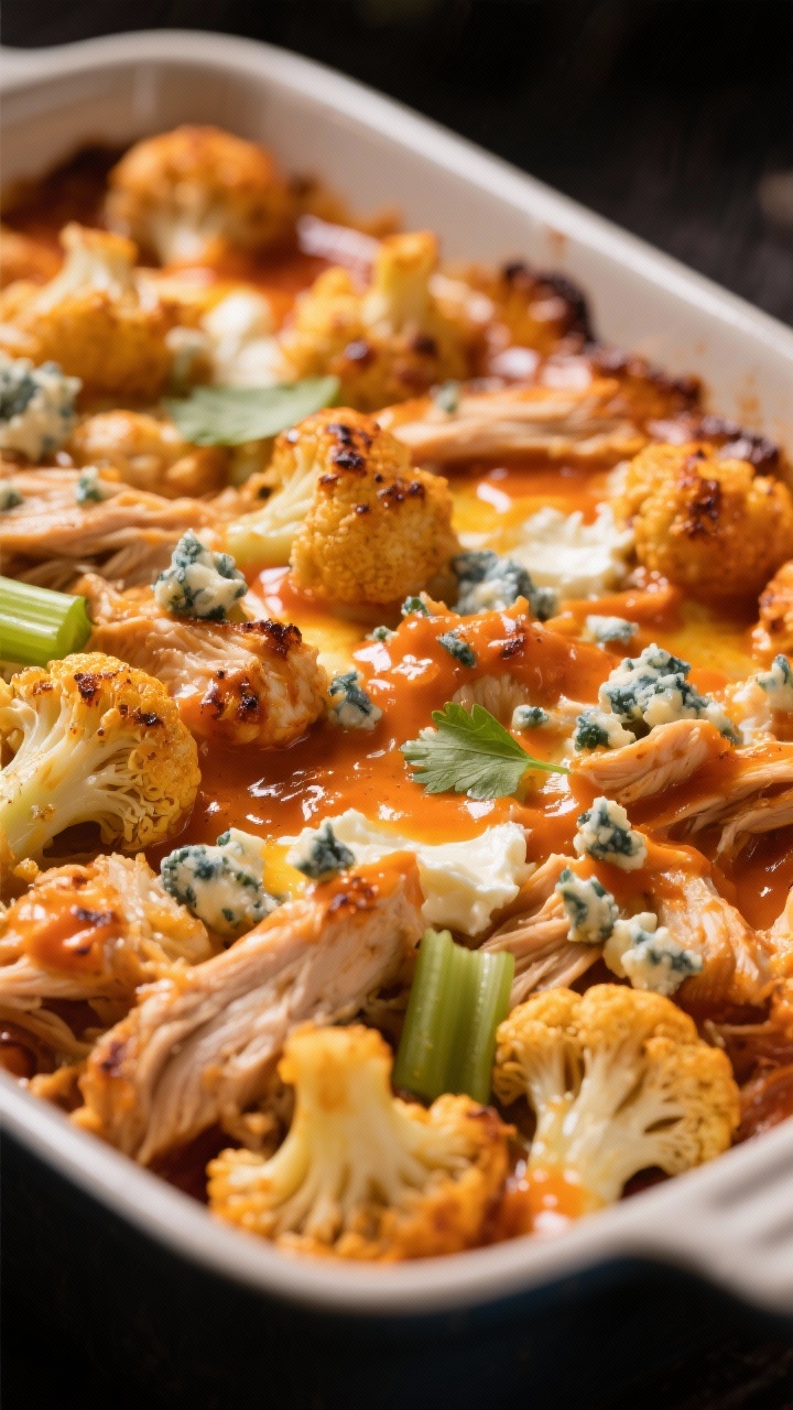 Close-up of buffalo chicken cauliflower bake in a rectangular baking dish: small roasted cauliflower florets tossed in olive oil, shredded chicken coated in a vibrant orange hot sauce and melted butter, pockets of softened cream cheese melting through, topped with crumbled blue cheese; glossy, saucy texture with slight char on florets, garnished with a few celery leaves for color contrast; shallow depth of field, dramatic side light.