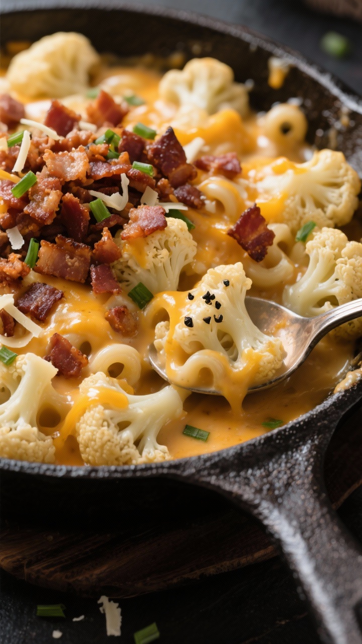 Close-up of Cauliflower “Mac” and Three Cheeses with Bacon Crumble in a cast-iron skillet: bite-size cauliflower florets enrobed in a glossy three-cheese sauce (cheddar, gruyère, and parmesan suggested), perfumed with butter and garlic; capped with a chunky, mahogany-brown thick-cut bacon crumble; edges bubbling; a few cheese strands stretching from a serving spoon; coarse black pepper and a sprinkle of chives for color contrast; mood is indulgent and cozy.