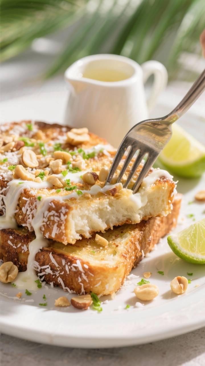 Close-up of Coconut-Lime French Toast with Macadamia Crunch: fork cutting into a slice revealing tender interior, exterior coated with lightly toasted shredded coconut; topped with lime zest, coconut cream drizzle, and crushed roasted macadamia nuts. Include lime halves and a tiny pitcher of sugar-free coconut-lime syrup in the background. Sunlit tropical vibe, vibrant greens and creamy whites, crisp texture emphasized.