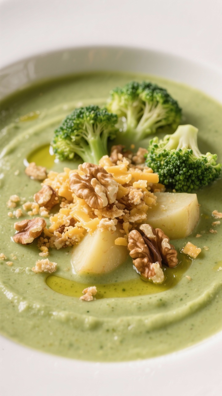 Close-up of creamy broccoli “cheddar” soup with walnut crumble: velvety green soup made from broccoli and Yukon gold potatoes blended smooth in vegetable broth, topped with a golden toasted walnut crumble that mimics cheesy crunch; a few bright broccoli florets and a drizzle of olive oil on top; shot at 45 degrees to emphasize contrasting textures.