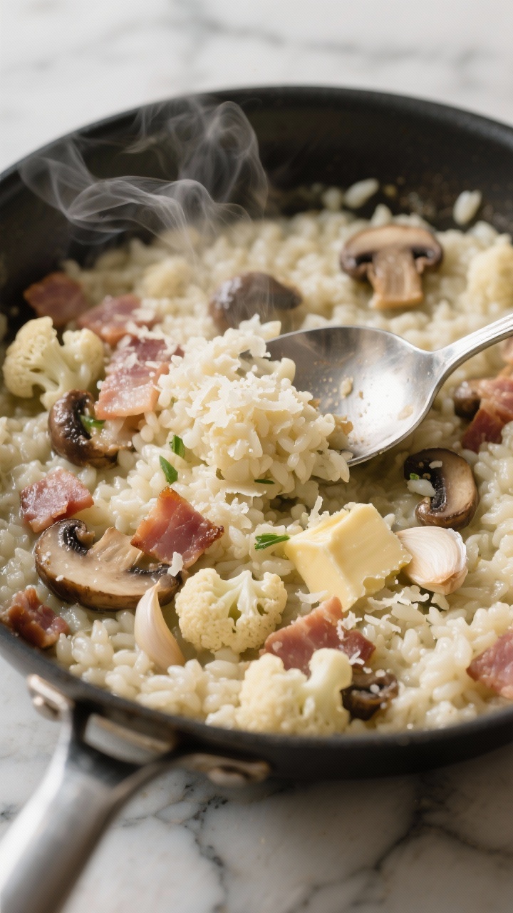 Close-up of creamy cauliflower “risotto” stirred in a sauté pan with diced pancetta, sliced cremini mushrooms, butter gloss, minced shallot, and garlic; riced cauliflower grains coated and glossy; grated Pecorino freshly showered over the top; wisps of steam and rich texture emphasized; shot at 45 degrees with a stainless steel spoon midway through stirring on a marble counter.