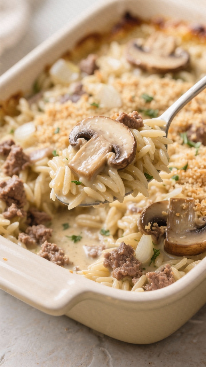 Close-up of creamy mushroom and beef orzo bake being scooped: glossy orzo coated in a velvety butter-and-flour cream sauce, slices of cremini/button mushrooms and crumbled ground beef nestled throughout, flecks of finely chopped onion and garlic visible, topped with a light herby breadcrumb crunch; captured in a cream-colored baking dish, shallow depth of field to emphasize silky textures and umami richness, soft diffused light.