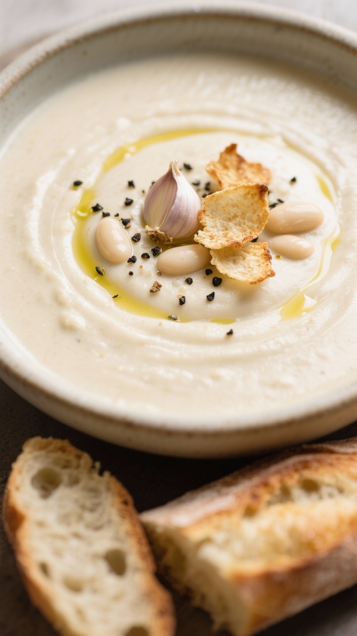Close-up of Creamy Roasted Garlic & White Bean Soup: luscious ivory puree with deep roasted garlic aroma; drizzle of olive oil, cracked black pepper, and crispy garlic chips; served in a shallow bowl with toasted baguette pieces nearby.