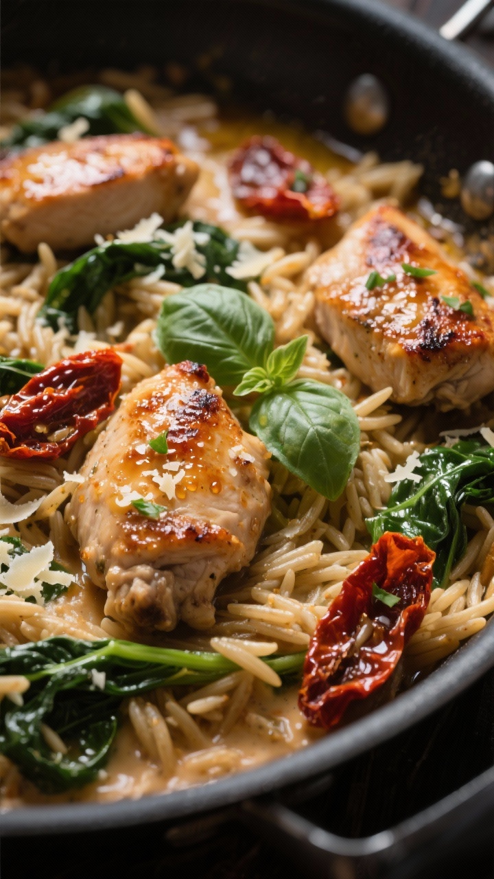 Close-up of Creamy Sun-Dried Tomato Florentine with Whole-Wheat Orzo in a skillet: bite-size chicken thigh pieces seared and glazed, tossed with whole-wheat orzo, ribbons of wilted spinach, and glistening oil-packed sun-dried tomato strips; visible olive oil droplets and a touch of the tomato-infused oil creating a warm, luscious sheen; a few basil leaves and micro-grated Parmesan scattered on top, moody side light emphasizing creamy textures.