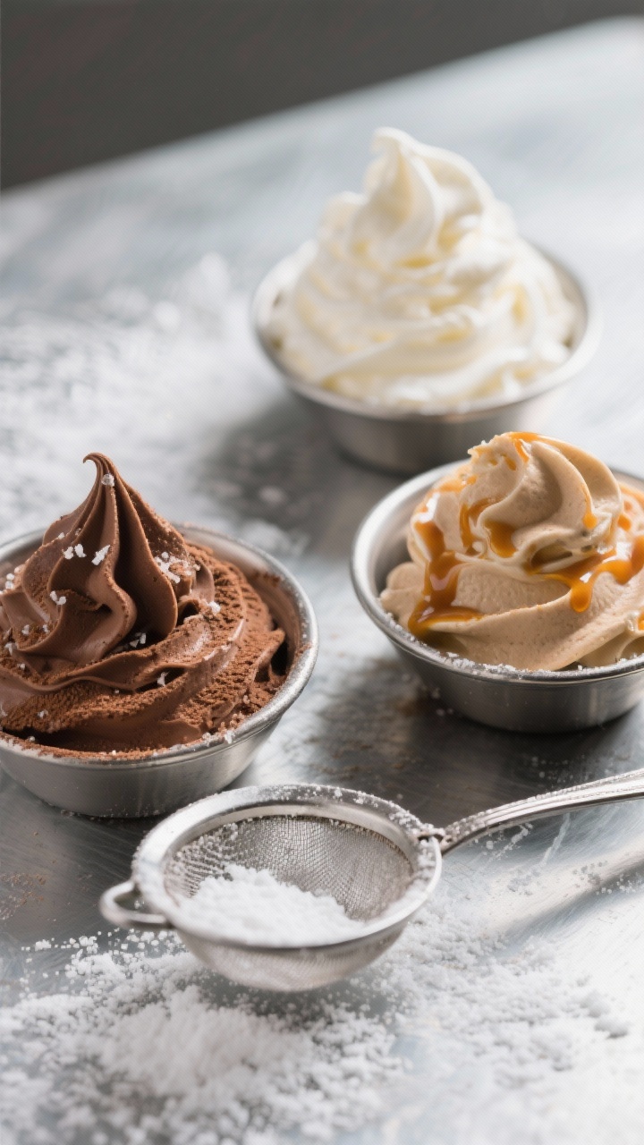 Close-up of fluffy whipped toppings four ways in small chilled bowls: classic vanilla-scented whipped cream (heavy cream, powdered sugar, vanilla, fine sea salt) with soft peaks; chocolate variation with cocoa powder yielding a pale cocoa hue; maple version with a warm amber drizzle; and a fourth flavored bowl of your choice from the add-ins list, all scoopable with textured swirls. Set on a frosty metal sheet for chill cues, tiny sieve dusting of powdered sugar, spoon trails showing cloud-like texture, soft diffused daylight.