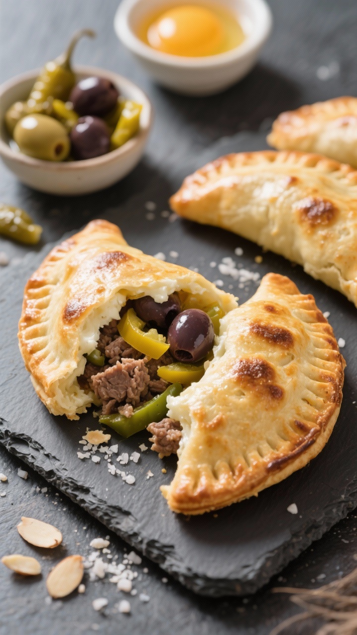 Close-up of Greek lamb, olive, and pickled pepper hand pies made with fathead dough. The glossy, golden dough (mozzarella and cream cheese–based) is blistered in spots, sprinkled lightly with salt. One hand pie is torn open to show juicy minced lamb studded with sliced Kalamata olives and yellow-green pickled peppers; almond flour crumb visible in the dough. Shot on slate with small bowls of olives, pickled peppers, and a beaten egg wash in the background; Mediterranean, sunlit mood.