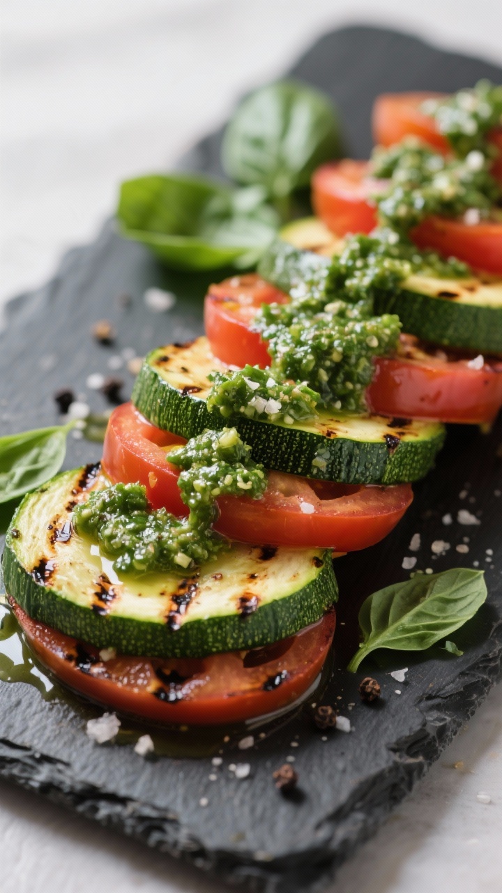 Close-up of grilled zucchini caprese (dairy-free) layered on a slate platter: thick 1/2-inch zucchini rounds with char marks brushed with olive oil, alternating with juicy slices of ripe tomatoes; drizzled generously with vivid green basil pistou (packed basil, garlic, olive oil, salt) creating a glossy sheen; finished with kosher salt and fresh cracked black pepper; a few torn basil leaves scattered; shallow depth of field highlighting grill texture and herbaceous sauce.