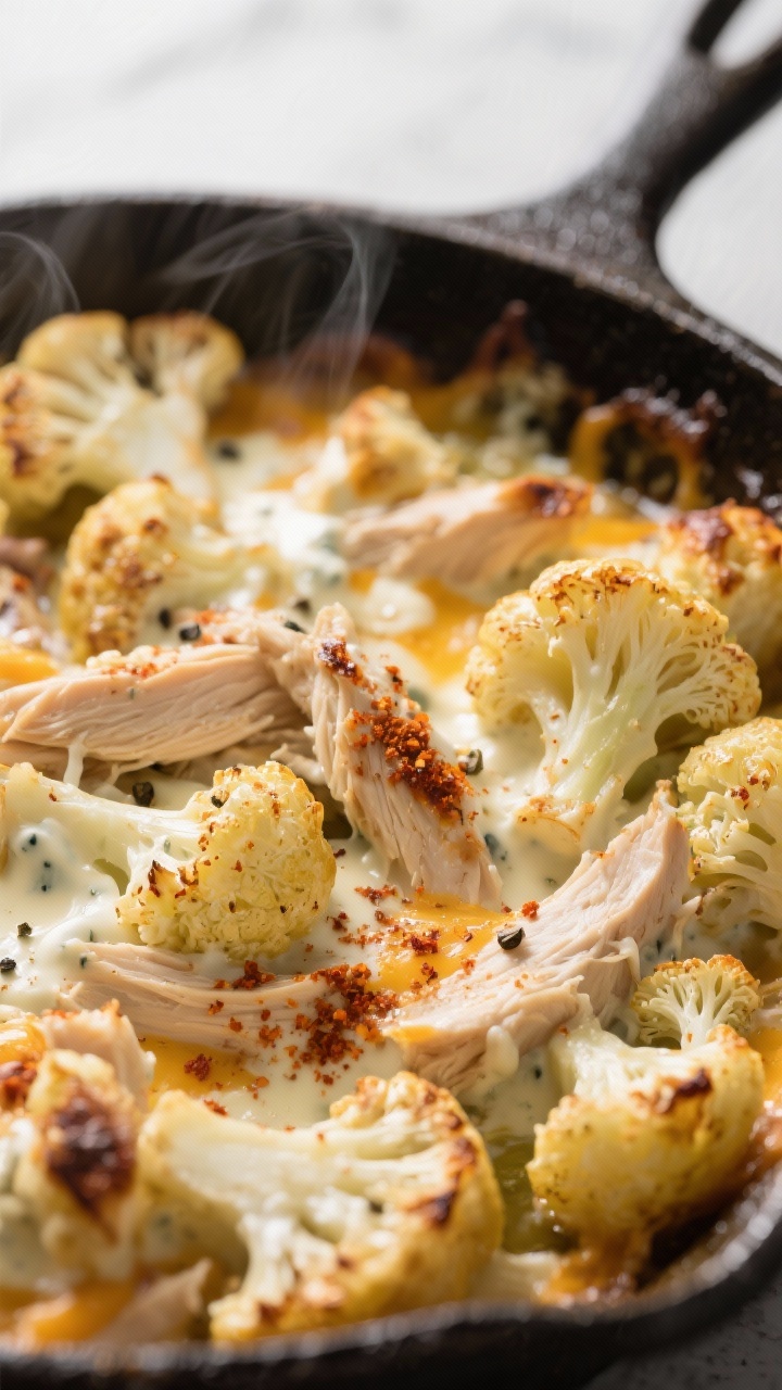 Close-up of Keto-Friendly Cheesy Cauli Ranch Casserole mid-bake transfer: small cauliflower florets roasted with olive oil, garlic powder, smoked paprika, kosher salt, and black pepper, tossed with shredded chicken and a creamy ranch-cheese mixture; focus on caramelized paprika edges and creamy pockets; shot in a cast-iron skillet with a light cheese sprinkle melting; low, directional light to emphasize texture and steam.