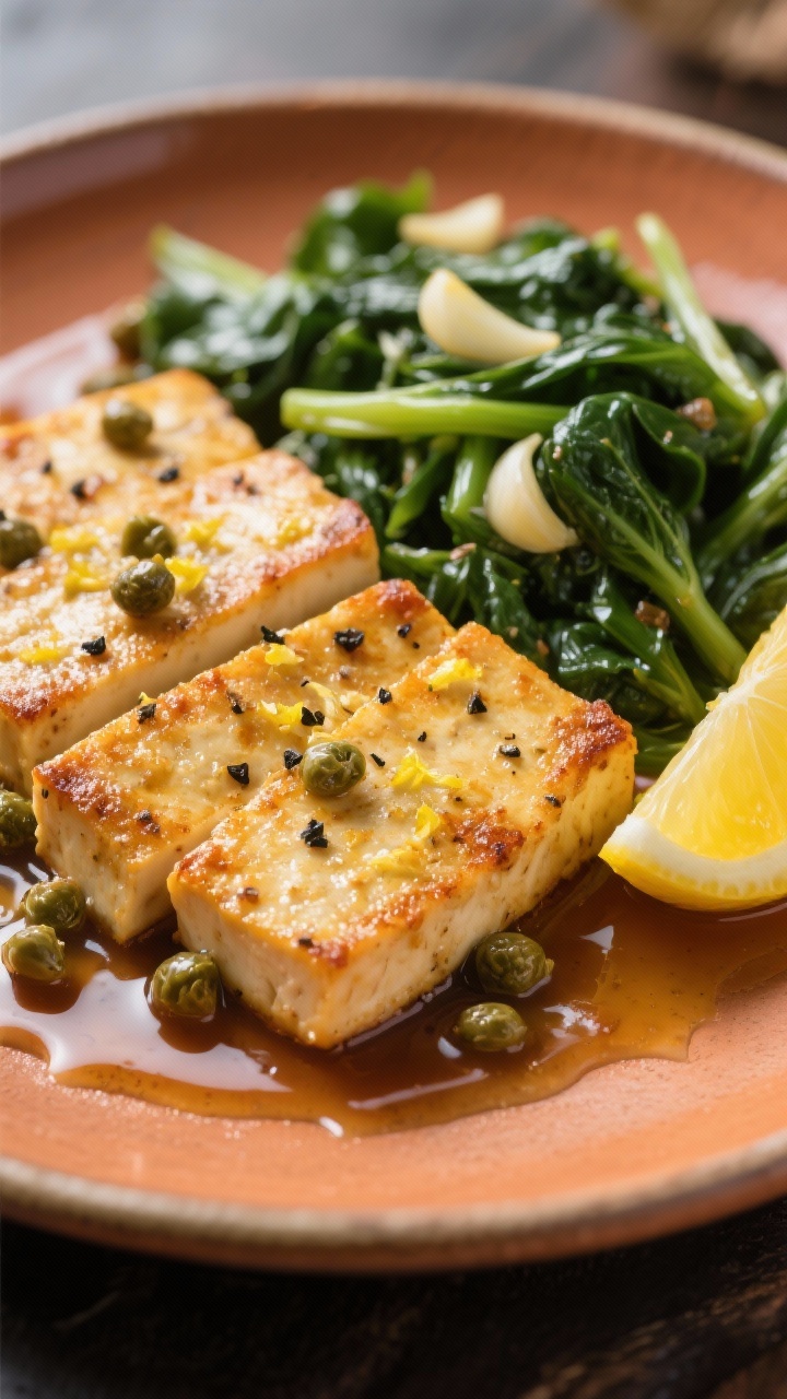 Close-up of lemon pepper tofu piccata: golden pan-seared cornstarch-dusted tofu cutlets with visible lemon zest, black pepper flecks, and caper-studded lemon pan sauce; garlicky sautéed greens tucked alongside; plated on a warm-toned ceramic dish with lemon slices and a glossy sauce pool, side-lit to highlight crisp edges.
