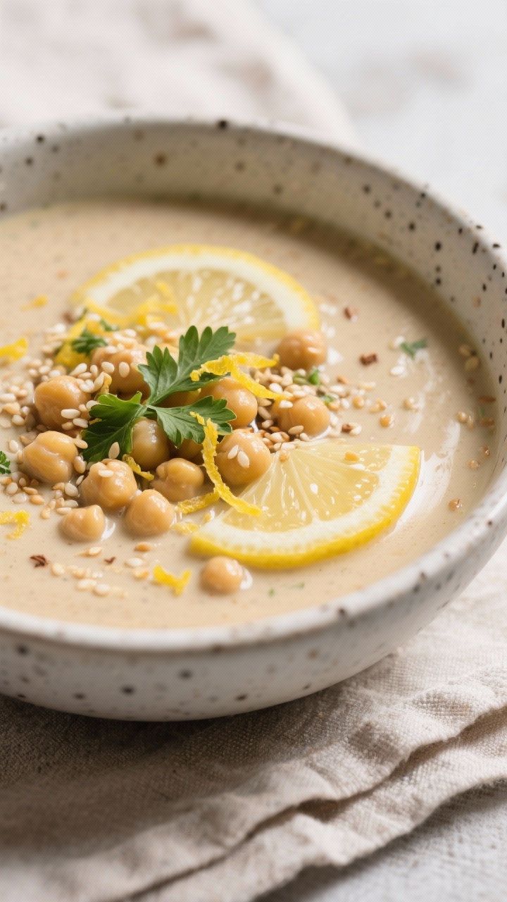 Close-up of Lively Lemon Tahini Chickpea Soup: light, creamy broth with chickpeas and cumin, tahini giving a glossy body; lemon zest confetti and a squeeze of juice; topped with parsley and sesame seeds; served in a speckled bowl on a linen napkin.